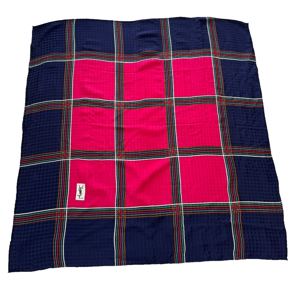 YSL Silk Scarf Vintage Navy Blue Pink 100% Silk Hand Rolled 33x33"